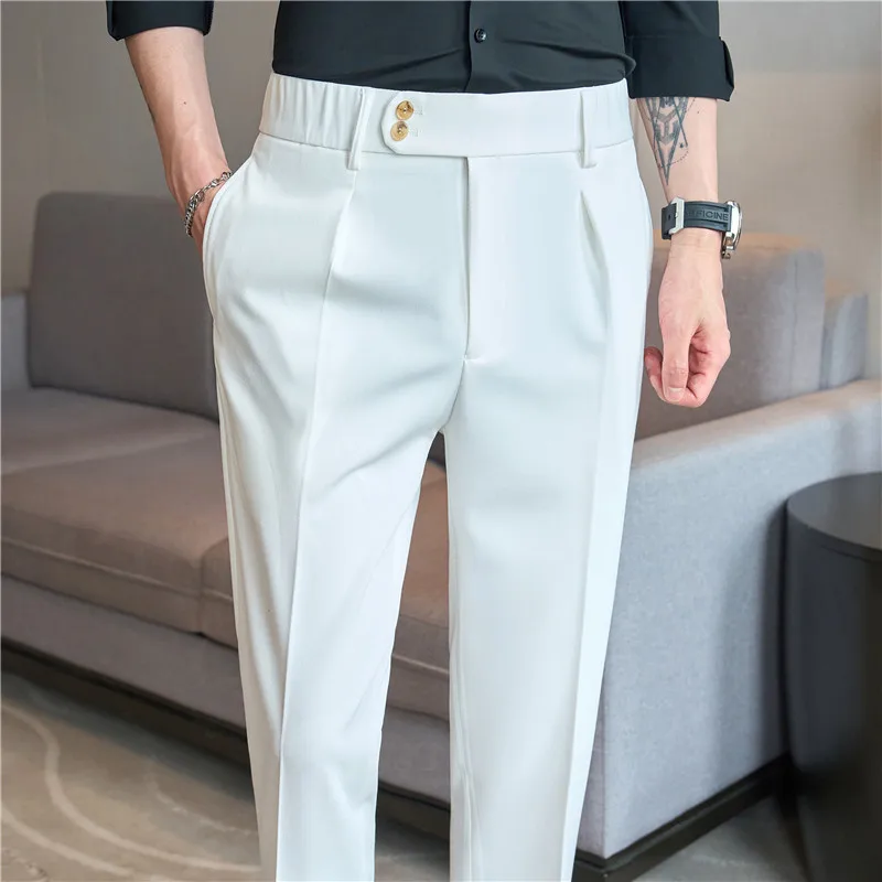 Elastic Waist Business Casual Commute Suit Pants Men Korean Streetwear Fashion Vintage Ankle-length Pants Men's Clothes