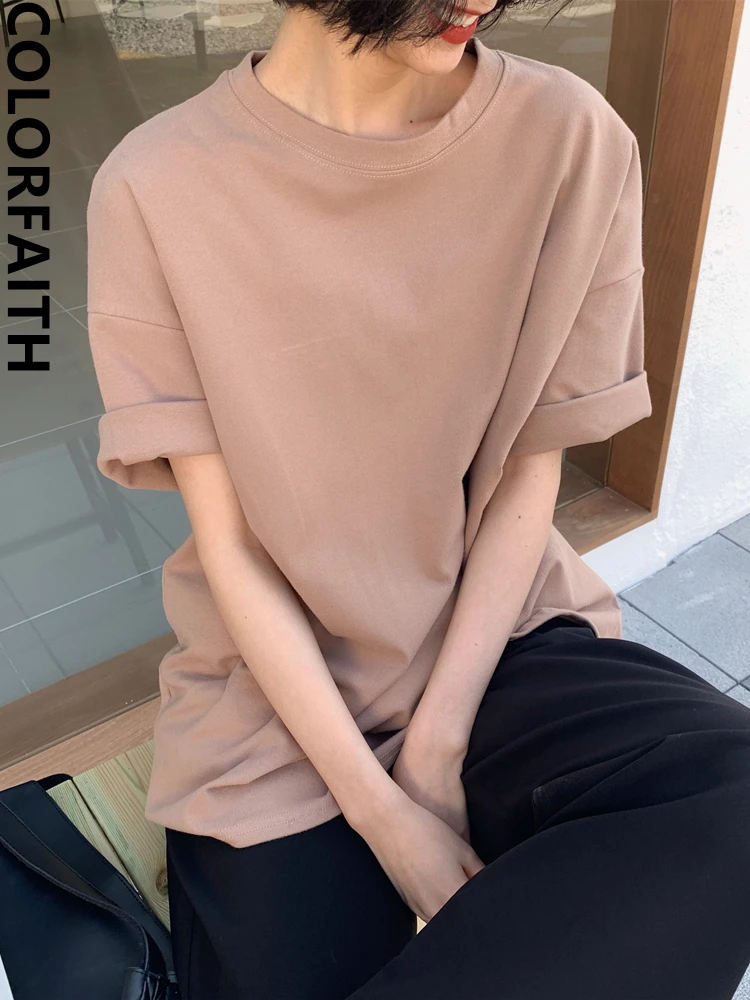 Colorfaith New 2022 Spring Summer Women 6 Colors T-shirt  Casual Long Sleeve Loose Bottoming Solid Female Basic Thick Tops T6789