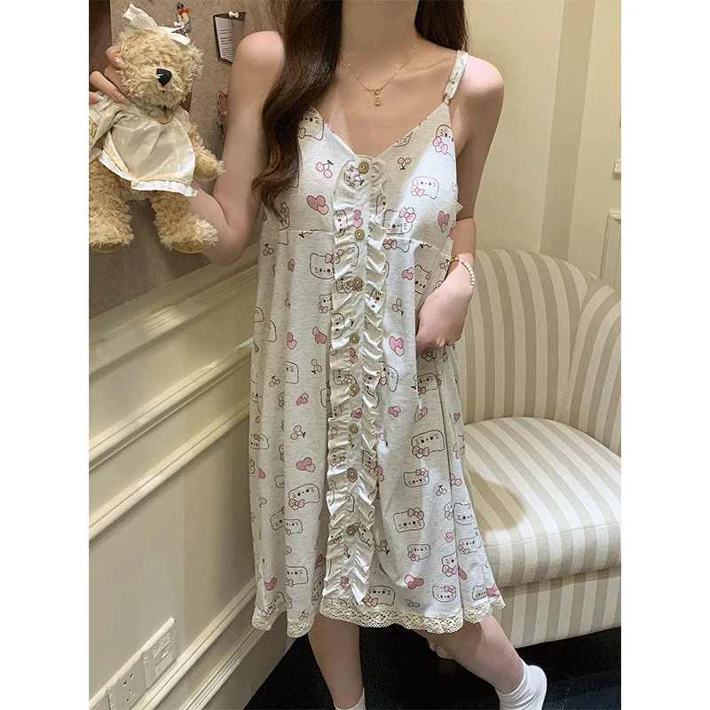 Kittys منامة دعوى سانريو Kawaii منامة فتاة طالب الصيف وسادة الصدر الحرير الجليد الحمالة سترة لطيف رقيقة ملابس المنزل