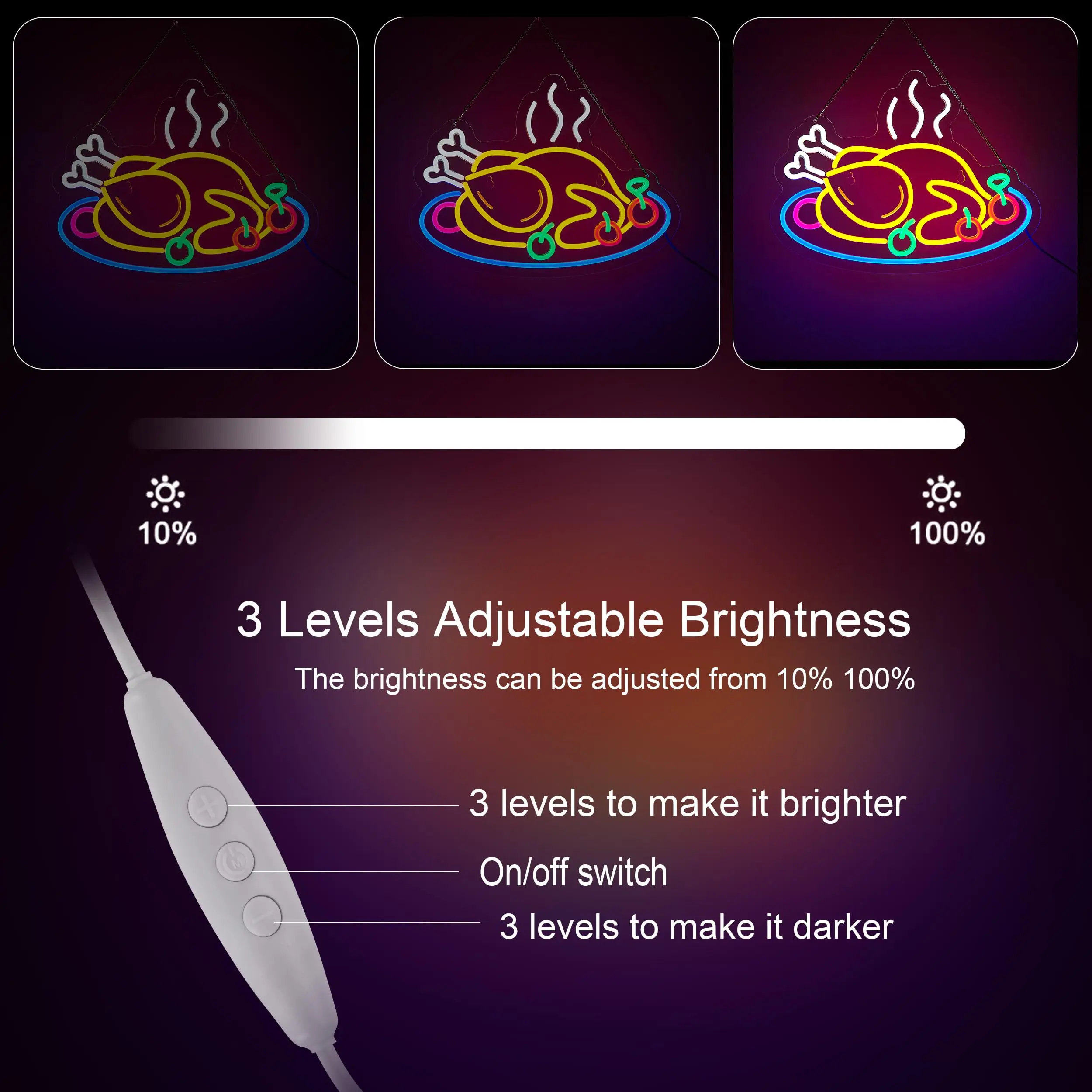 Grilled Chicken LED Neon Sign for Wall Decor Roast Chicken Shop USB Power Dimmable Switch for Thanksgiving Party Flame Art Decor