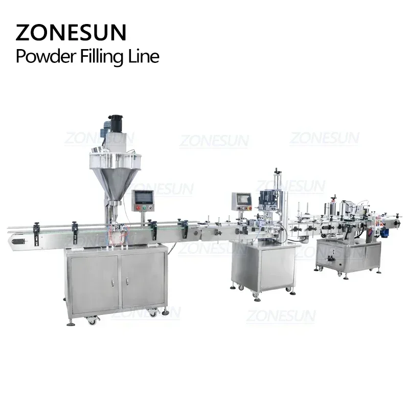 Automatyczna maszyna do napełniania, zakręcania i etykietowania butelek i puszek proszków mlecznych, miodu i innych produktów suchych, model ZONESUN ZS-FAL180P9, z podajnikiem ślimakowym, do linii produkcyjnej.