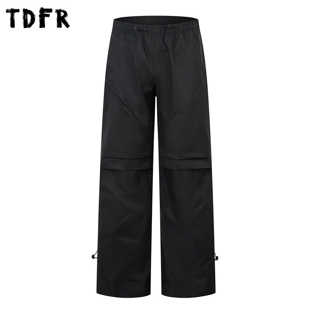 

Solid Color Pleated Cargo Pants Mens Spliced Pocket Safari Style Loose Wide Leg Elastic Waist Drawstring Trousers Men