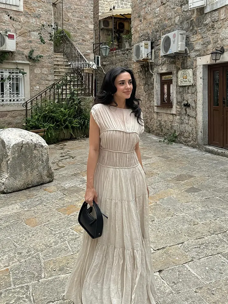 Elegancka sukienka maxi z okrągłym dekoltem i plisowaną plisą Szykowna sukienka z wysokim stanem i krótkim rękawem z linii A Letnie sukienki damskie