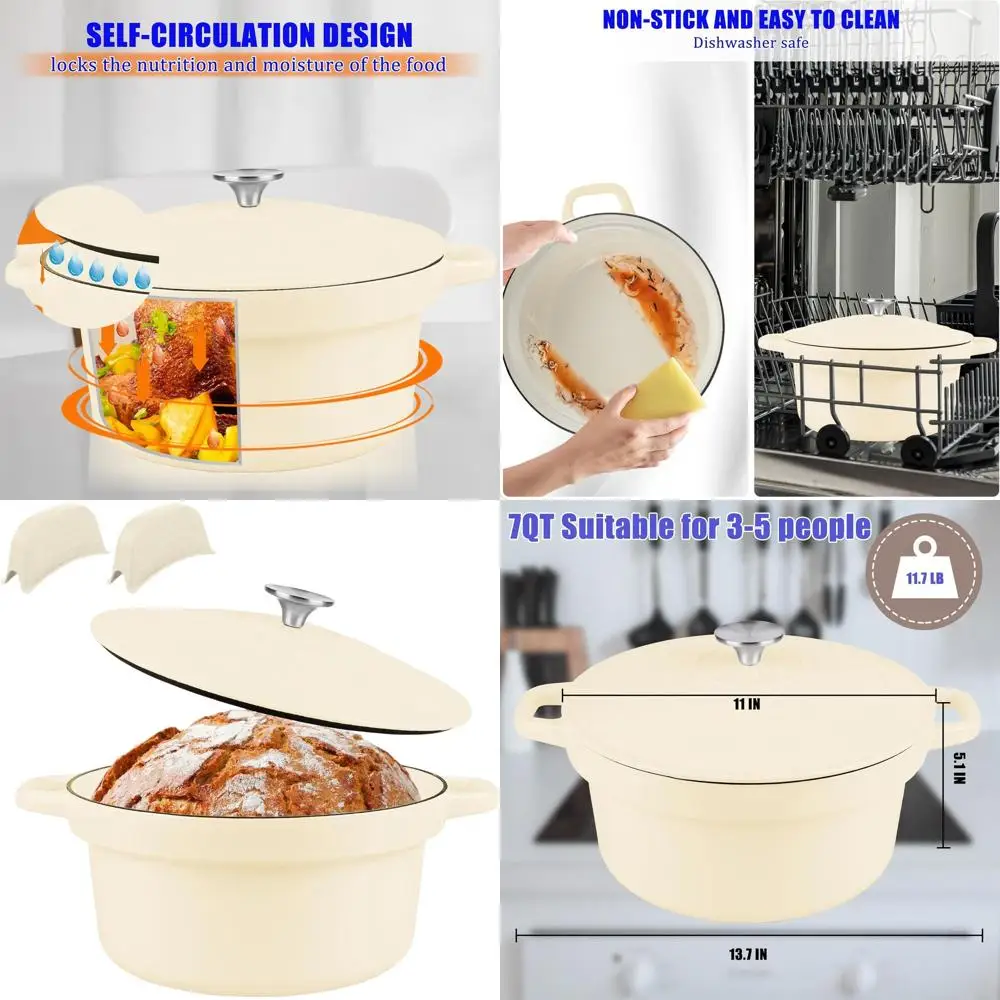 

Enameled Cast Iron Dutch Oven, 7-Quart, Non-Stick Ceramic, Oven Safe, Ideal for Sourdough Bread, Includes 10 Bread Paper Liners