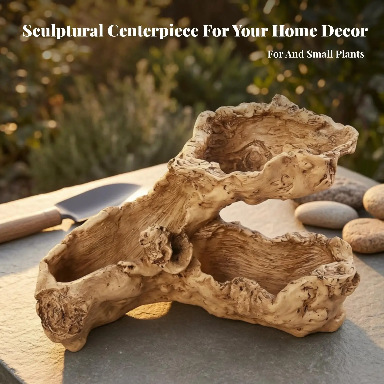 Beige Resin Synthetic Planter with Three Openings Faux Wood Texture for Balcony Shelf Interior Plant Pot Cover Decoration