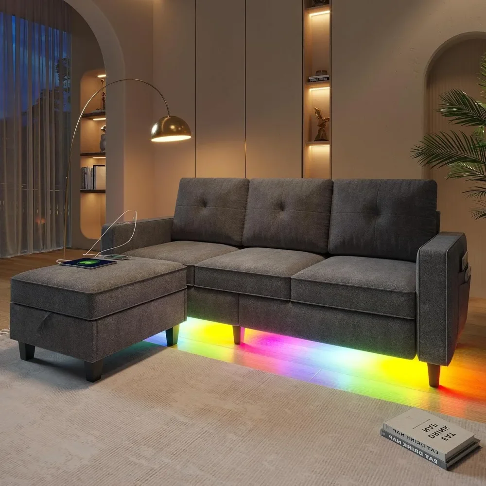 Convertible Sectional Sofa Couch with LED Lights, Modern L Shaped Couch with Charging Station, Reversible Sectional Couches