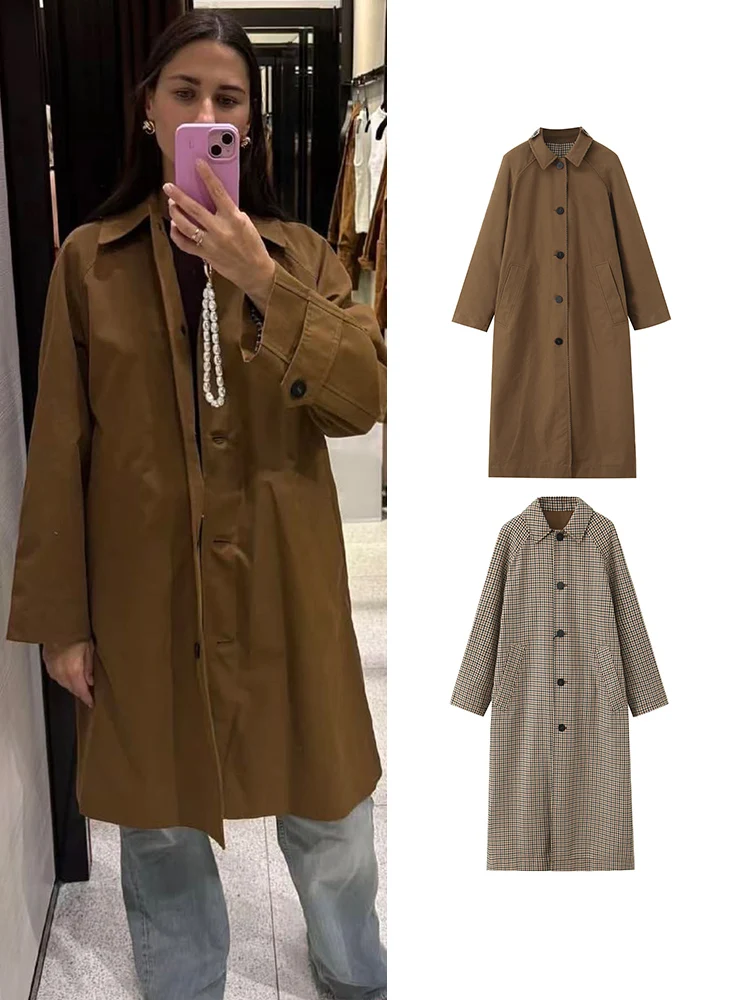 

Женская длинная ветровка, новый осенний Тренч с длинным рукавом в уличном стиле, простой двусторонний дизайн, повседневная мода, универсальный