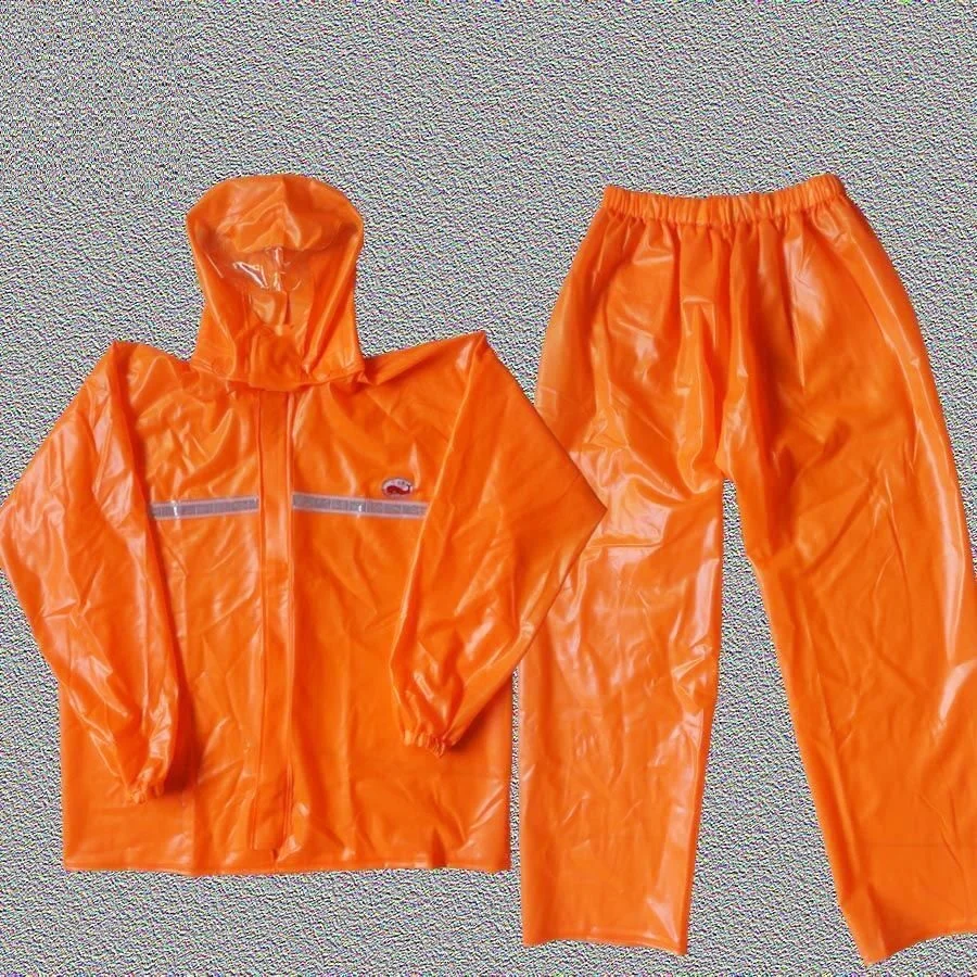 PVC Thick Waterproof Hooded Long Jacket Fish Clothes Buildings Workers Working Uniforms Rainproof Ogrange Yellow With Refective