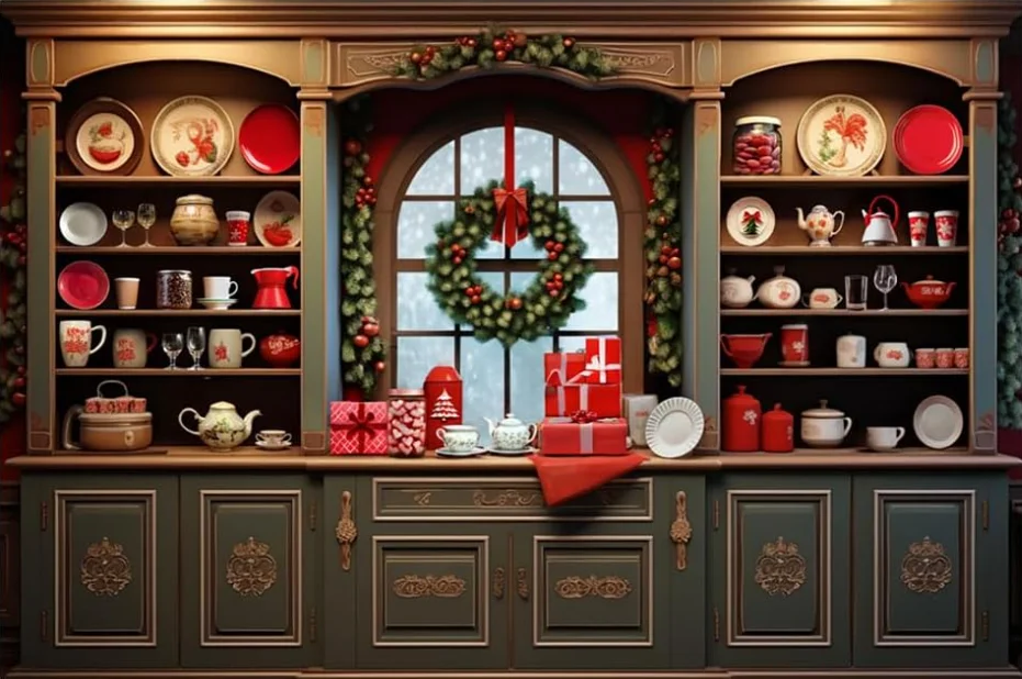 Essen rote Schränke Geschirr Küche Weihnachten Fotografie Hintergrund Innen Vintage Side boards rote Weihnachten Dekoration Foto Hintergrund