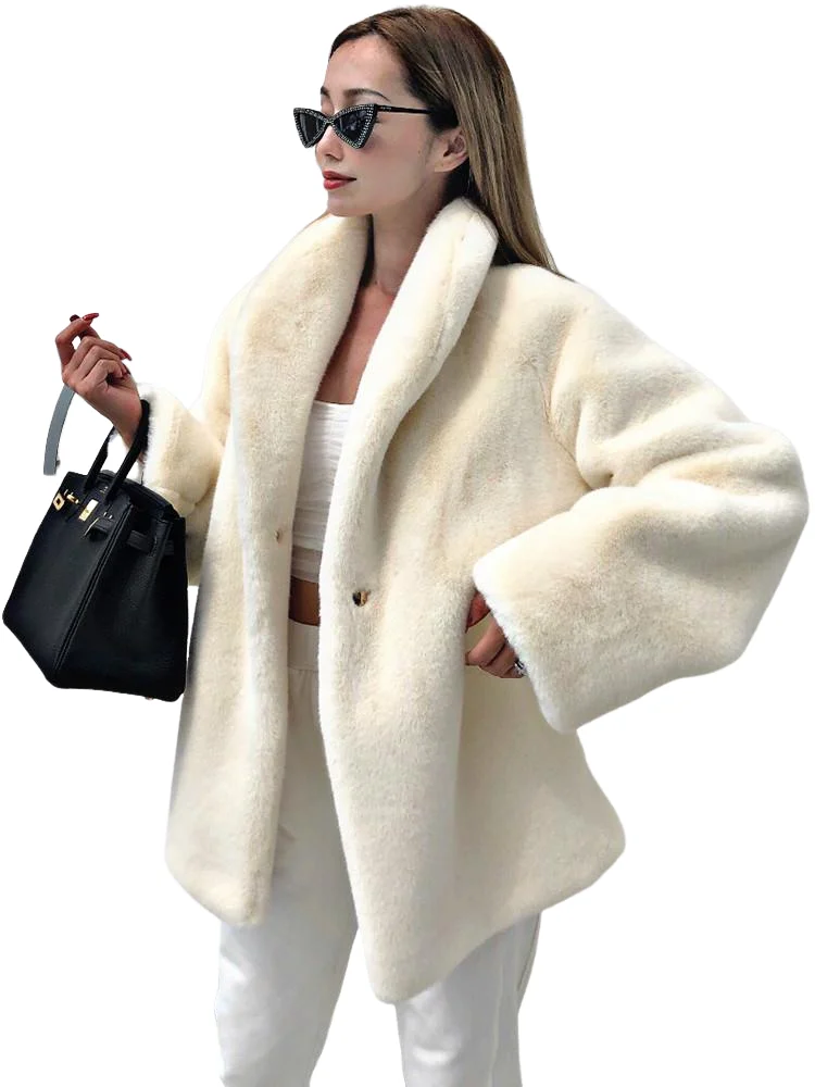 ฤดูหนาวสีขาวขนาดใหญ่ Warm Faux Fur Jacket ผู้หญิงผ้าคลุมไหล่ Raglan เสื้อแขนยาว Fluffy Coat เสื้อผ้าแฟชั่นสไตล์เกาหลี