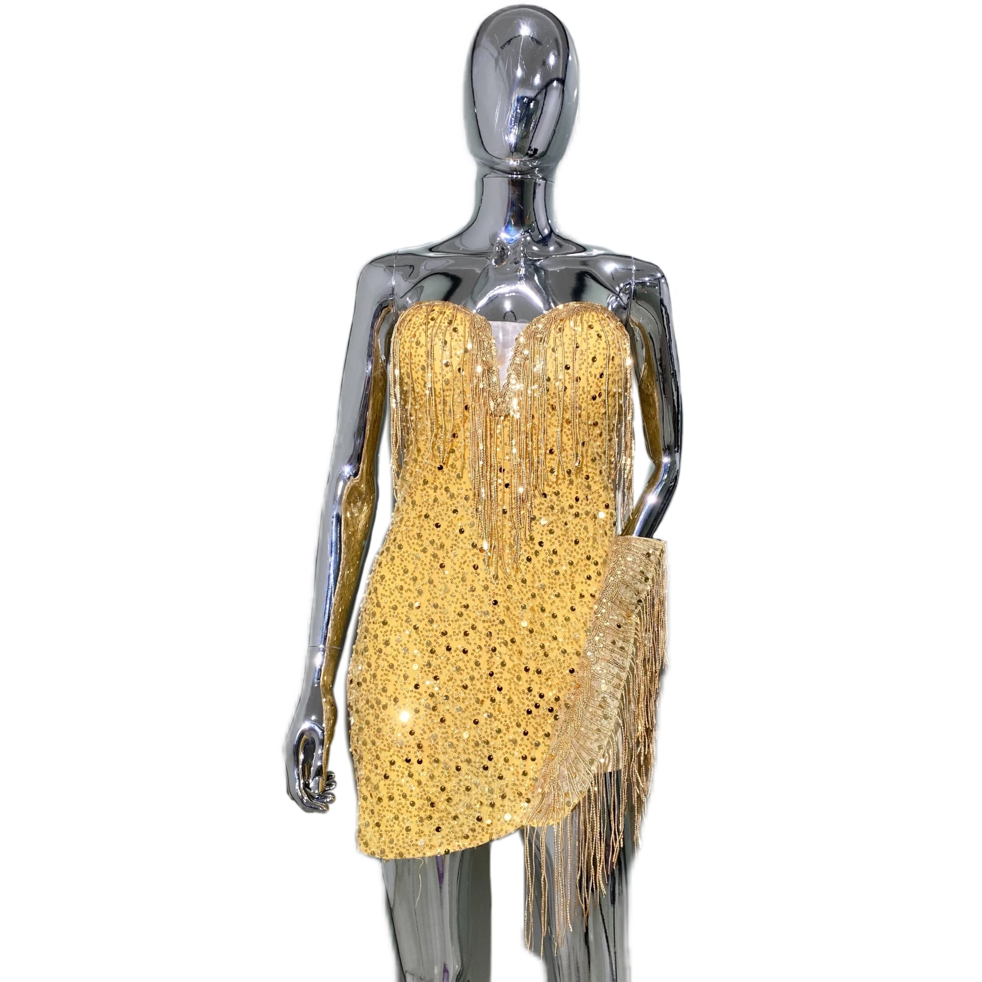 Stock Golden Color Shinning Sequins Tassels Sexy Strapless Bodycon Dress Fashion Nightclub Party Performance Costume