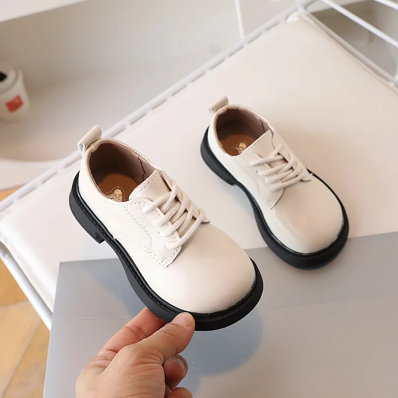 Children Leather Shoes for Boys Girls Thick Sole Lace-up Kids School Leather Shoes for Wedding Party Show British Style Black