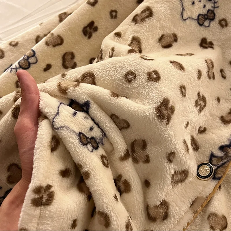 Hello Kitty Women's Pajama Set Flannel Leopard Pattern Pajama Warm Plush Pajama Fluffy Comfortable Home Clothes Two Piece Set