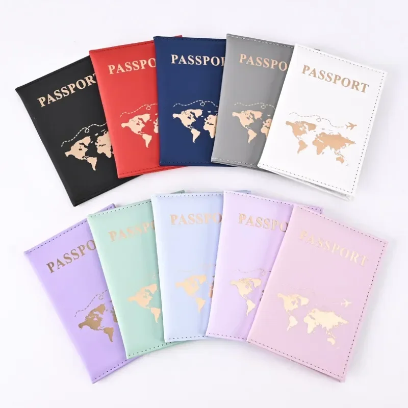 Soporte de pasaporte con estampado de mapa de cuero PU para hombres y mujeres, Clip de billete de vuelo, funda de pasaporte de viaje,