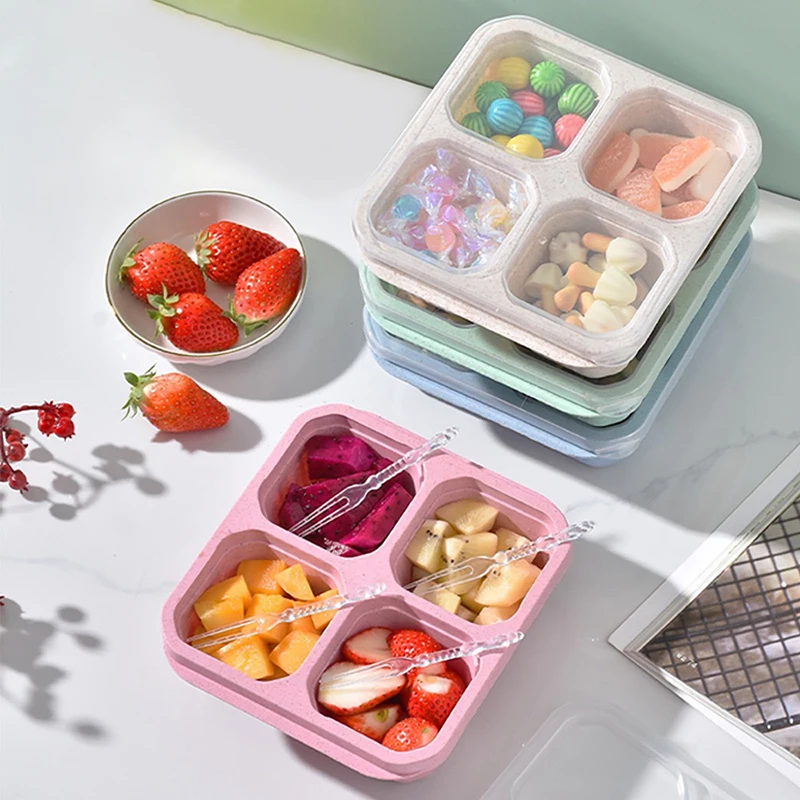 Wheat Straw Lunch Box Square Divided Bento Box With Lid Reusable 4 Compartment Food Container Pastry Fruit Refrigerator Cooler