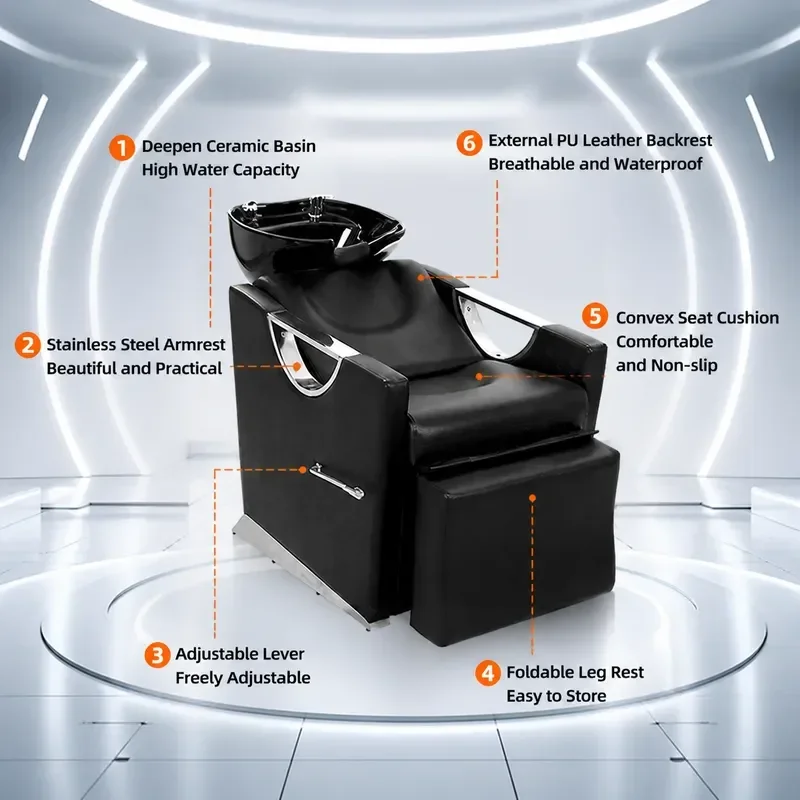 Stainless Steel Shampoo Bed Barber Shop Reclining Wash Basin Chair with Armrest and Adjustable Foot Pedal for Hair