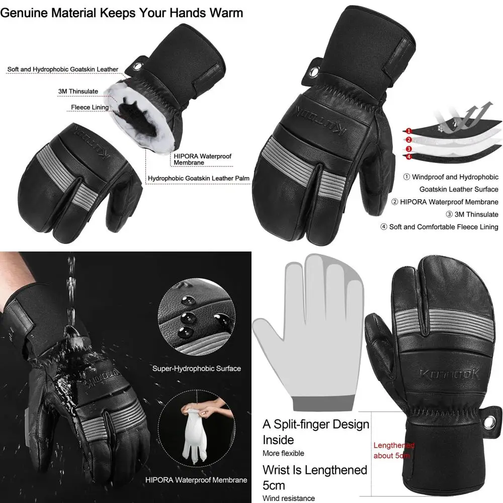 

KUTOOK Лыжные перчатки из козьей кожи с водонепроницаемой мембраной HIPORA для приключений на свежем воздухе