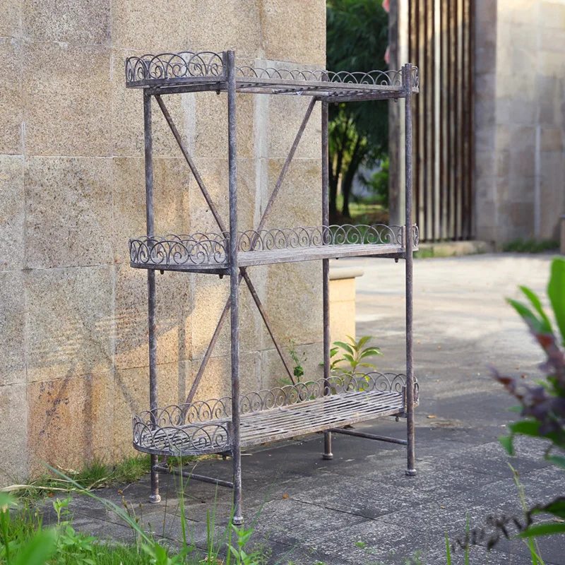Retro iron multi-layer gardening green plant flower stand balcony outdoor garden outdoor floor rack