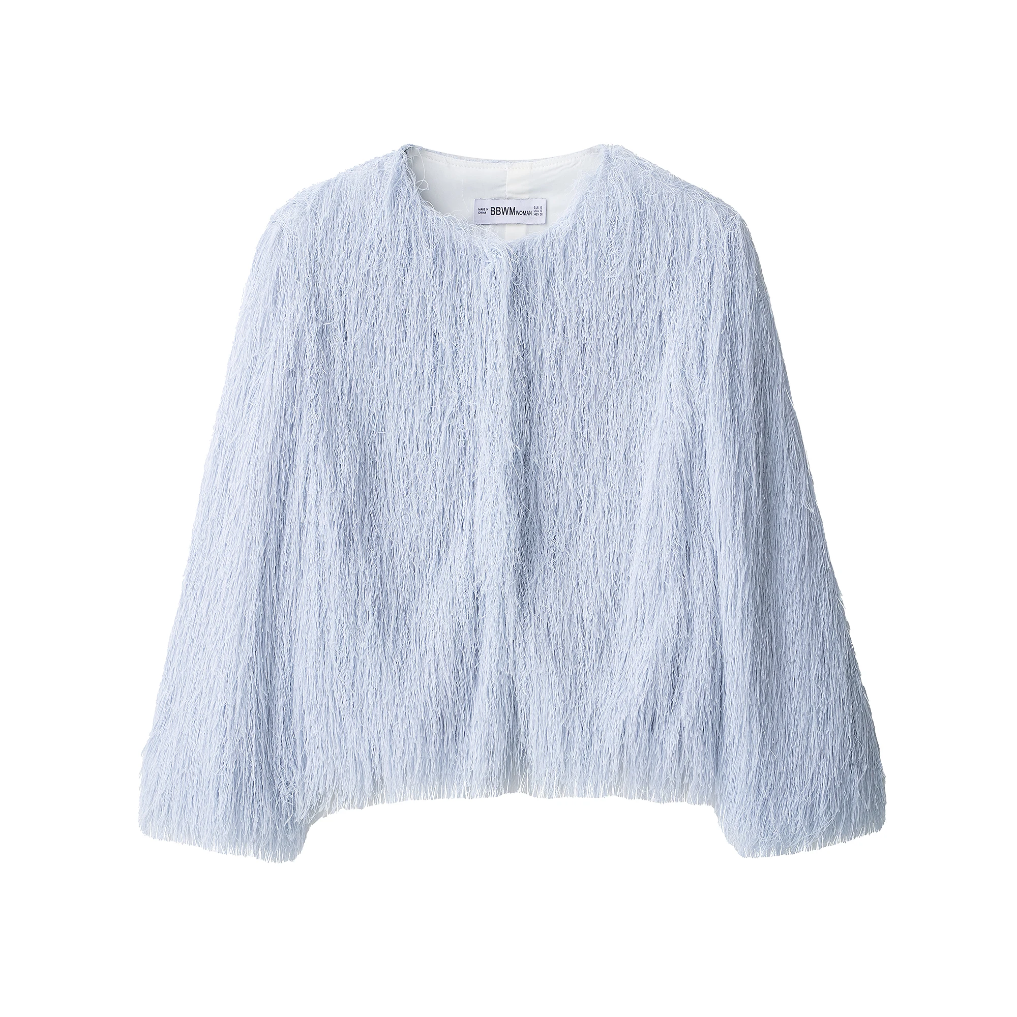 

Women's clothing autumn new product elegant simple and versatile casual and fashionable light blue round neck tassel jacket
