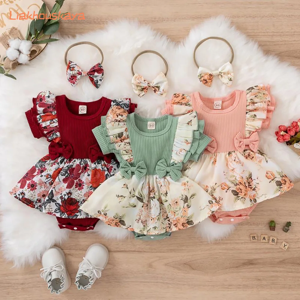 2026 Summer Ins Style Baby Girls Dress 0-2 Years Floral Print Ribbed Romper Jumpsuit Infant One-piece Clothes for Baby Girls