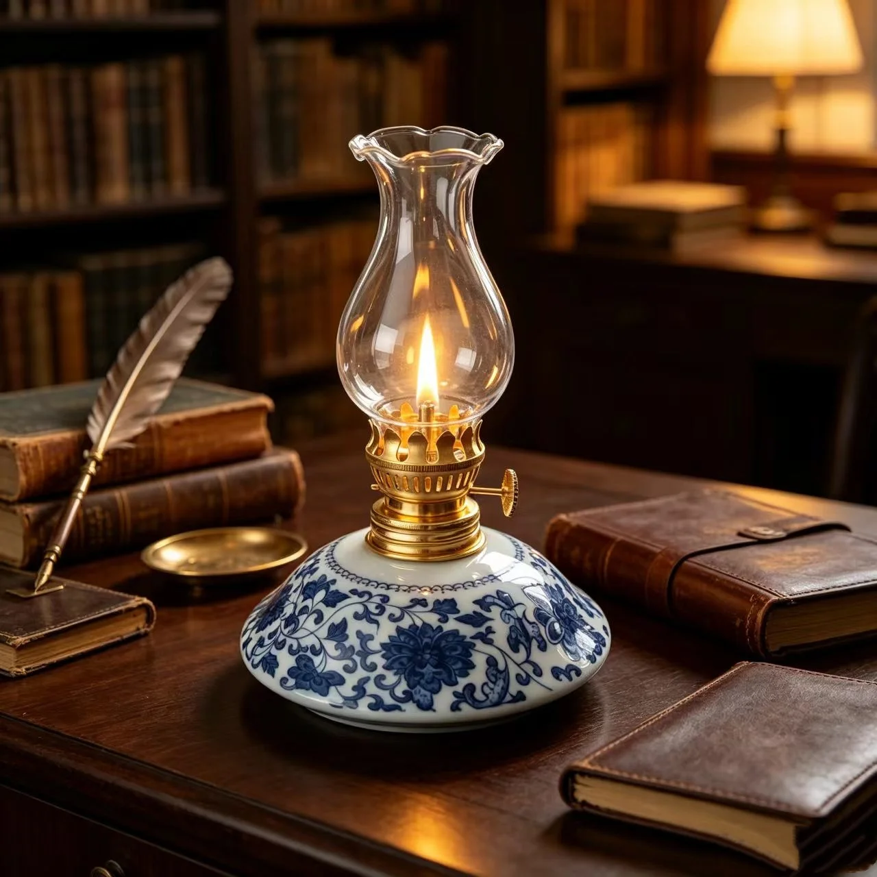 Vintage Adjustable  Lamp, Hand Glazed Base Clear Glass Chimney, Retro Ambient Decor for Home Desktop Photography