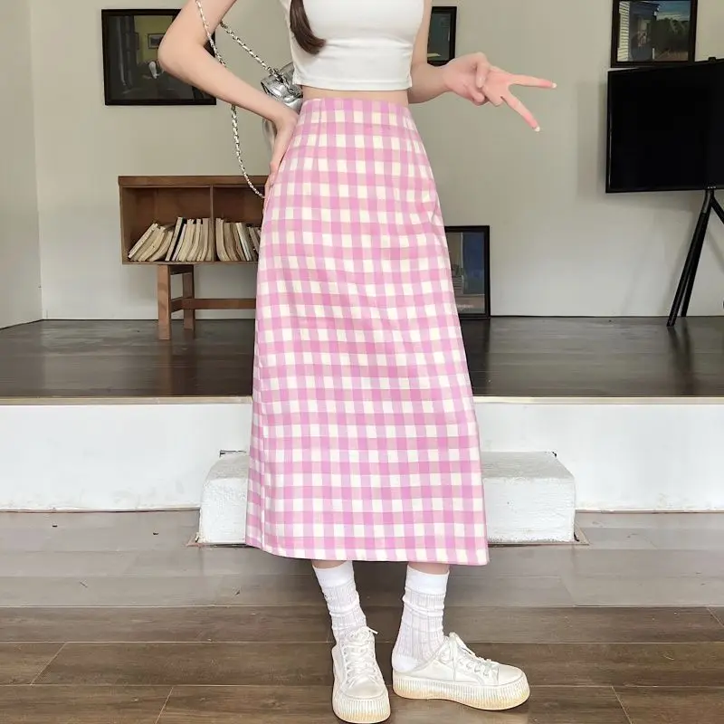 

Skirt Pink Plaid Slit Long Skirt For Women 2024 Summer New Large Size Slimming Ins Fat Mm Commuter A-Line Skirt