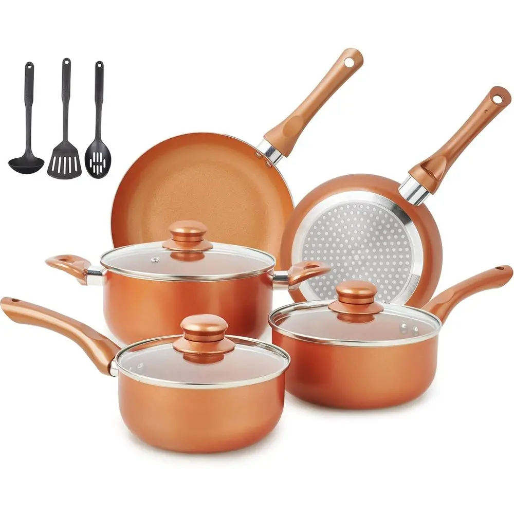 

Ultra Nonstick 11pcs Cookware Set Copper with Ceramic Coating, Stay cool handle & Nylon Kitchen Utensils, Gas/Induction Compatib