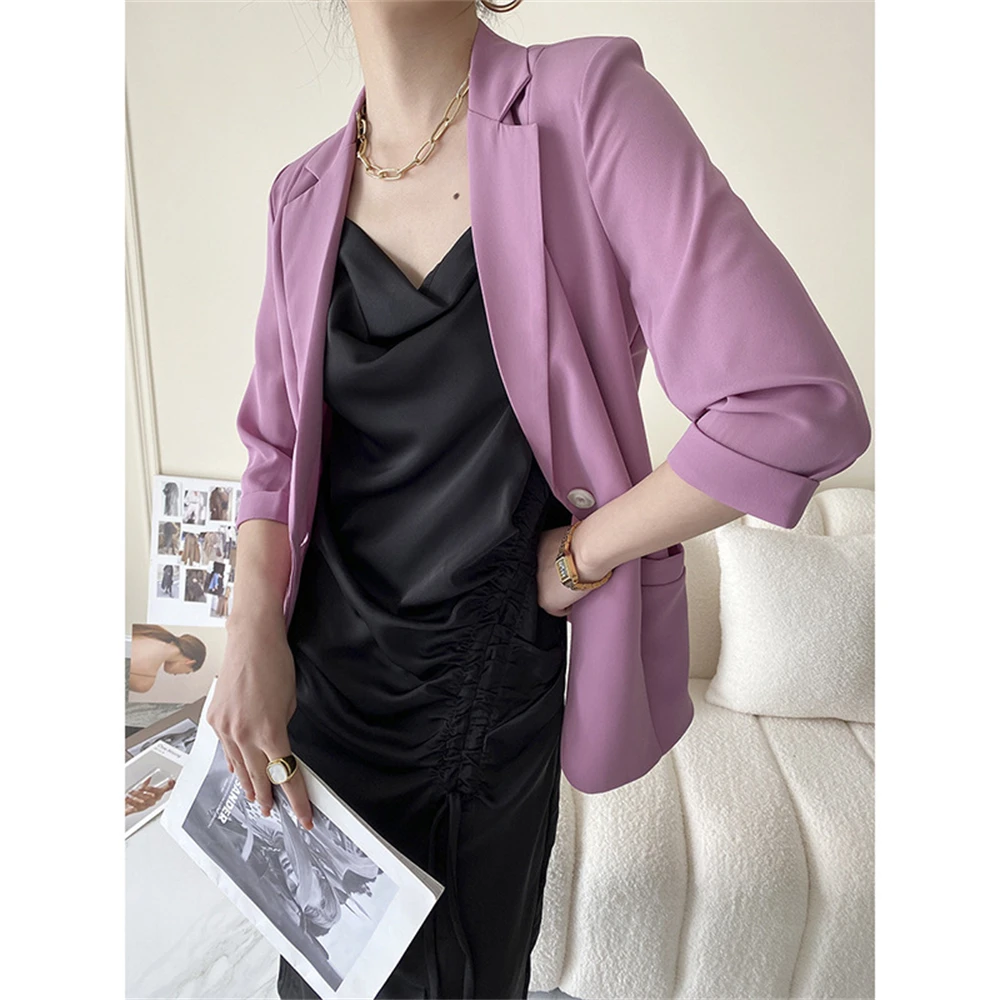 Korean Casual Slim Blazer Coat Office Ladies Tops Outerwear Female Solid Color Simple Temperament Single Button Suit Jacket Gift