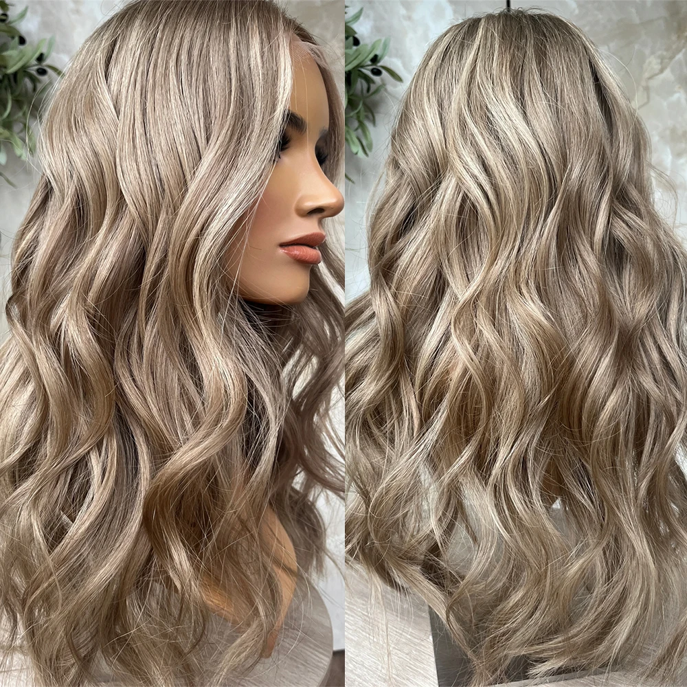 

26-дюймовый парик с лёгкими кудрями и эффектом омбре для женщин, синтетический парик с кружевной передней частью, светлые пряди, средний каштановый оттенок, реалистичный вид