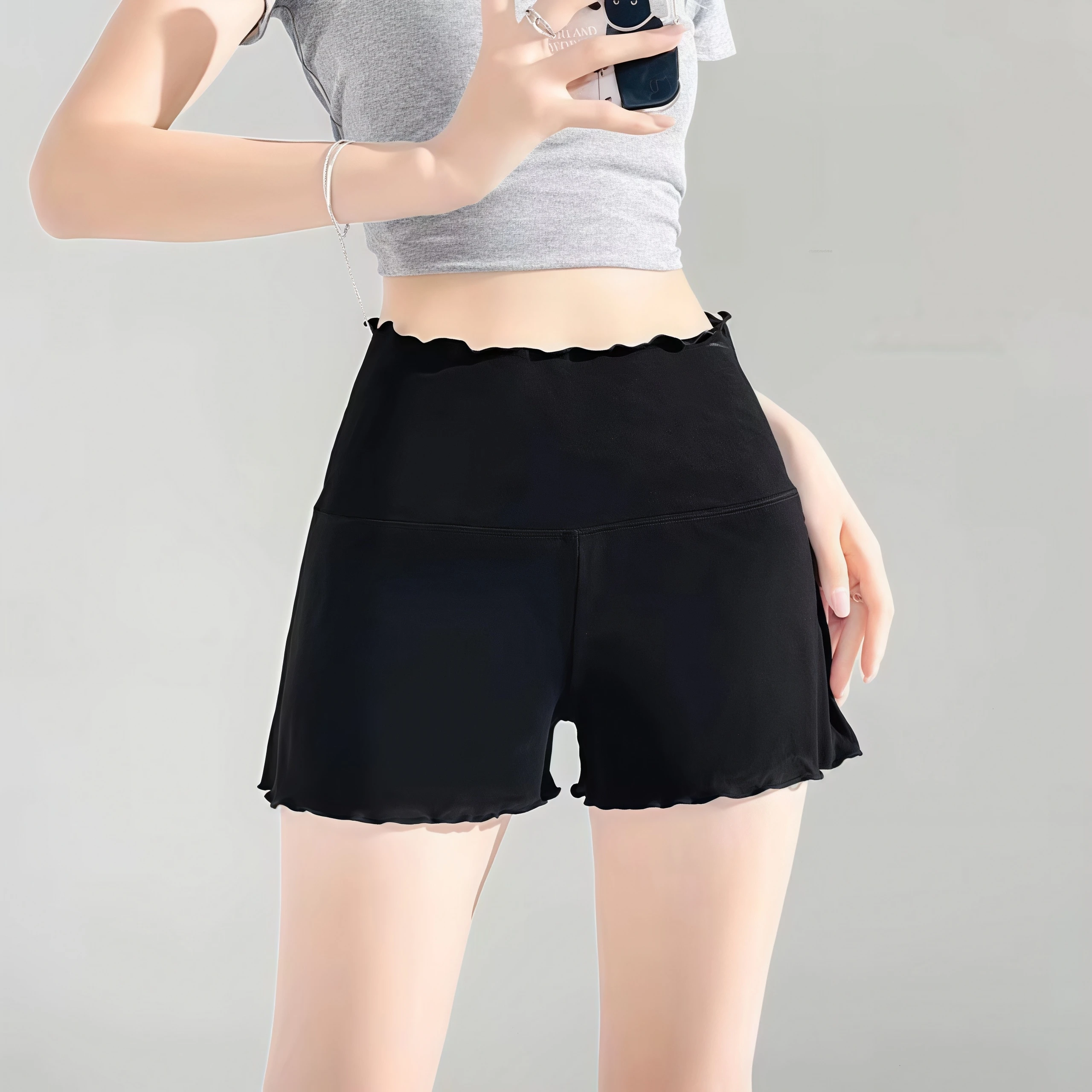 Damen High-Waist Rüschen-Skort-Shorts, weich, dehnbar, schützt vor Scheuerstellen, für Tanz und Yoga, lässige Sicherheitsshorts. – Detail 4