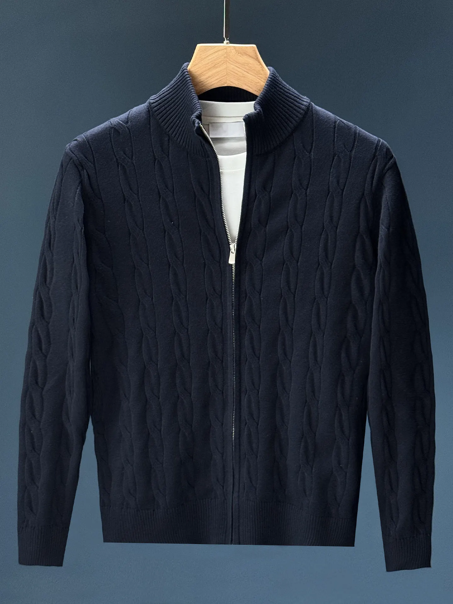 

Мужской вязаный кардиган на молнии, приталенный крой, однотонный, с воротником-кифой, теплый, для осени и зимы, модный городской стиль, длинный рукав