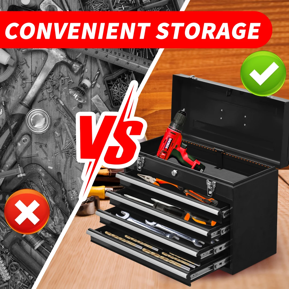 صندوق أدوات معدني مع 4 أدراج، صندوق أدوات فولاذي محمول مع قفل أسطواني معدني وإغلاق مزلاج، بطانة، طلاء مسحوق #4