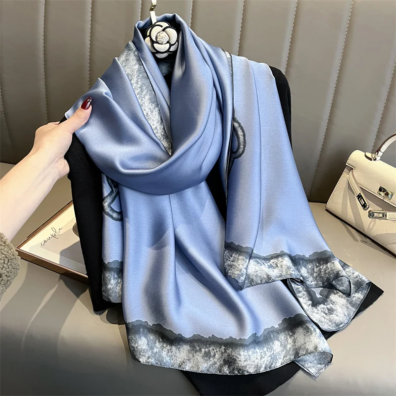 Fashion 180x90cm Satin Silk Scarf Women Luxury Large Shawl Wrap Muslim Hijab Headband Beach Stoles Female Bandana Foulard Turban