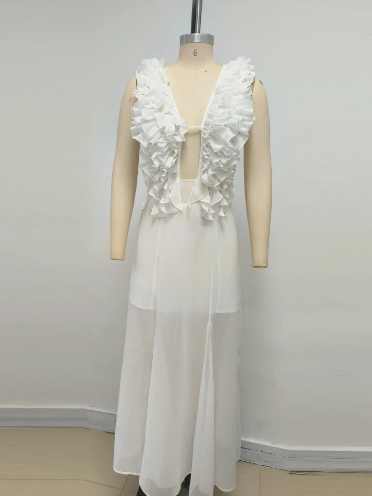 Vestido largo sexi con escote en V profundo y volantes con cordones y flores para mujer, vestidos ajustados florales sin mangas y espalda descubierta para fiesta de cumpleaños y cóctel