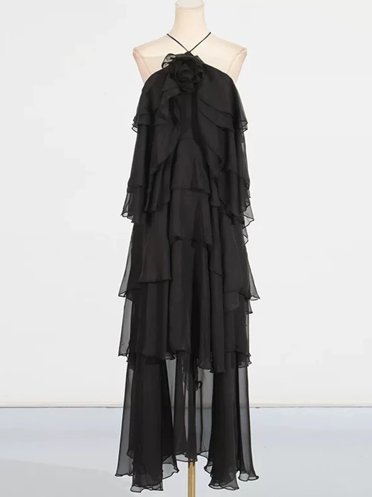 Temperamentnähte Rüschenkleid 2025, Sommerfrauen neues dreidimensionales Blumenkleid mit hängendem Hals, rückenfreiem Rüschenkleid