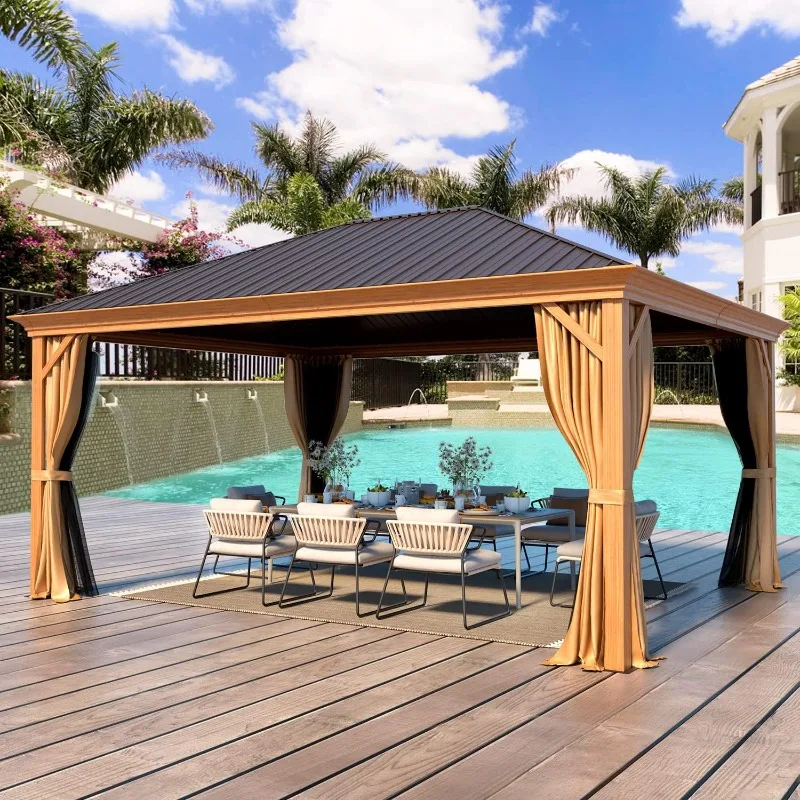 12' x 16' Hardtop Gazebo Metal Gazebo with Faux Wood Grain Aluminum Frame, Galvanized Steel Single Roof Outdoor Patio