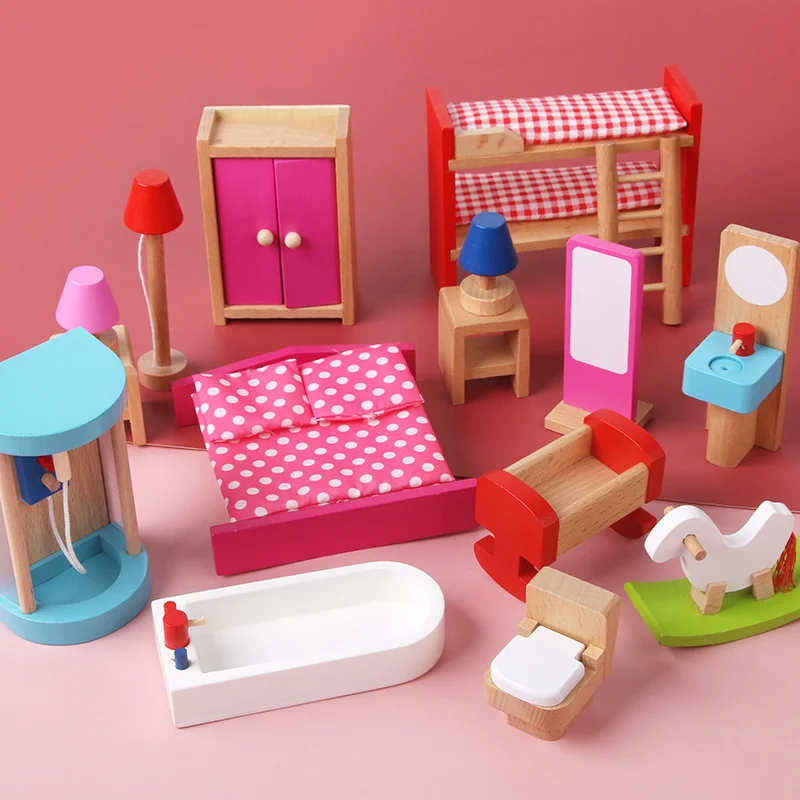 Wooden Mini Furniture Sets Kids Children House Play Toy - Bedroom, Living Room, Kitchen, Bathroom Accessories Boys Girl Gifts