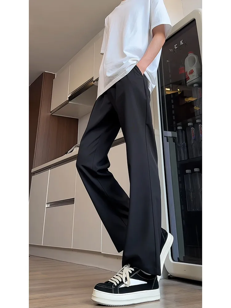Pure Black Slim Fit Youth Casual Pants Summer Thin Wide Leg Suit Trousers Ice Silk Drapey Teenage Boys Fashion Trendy Trousers