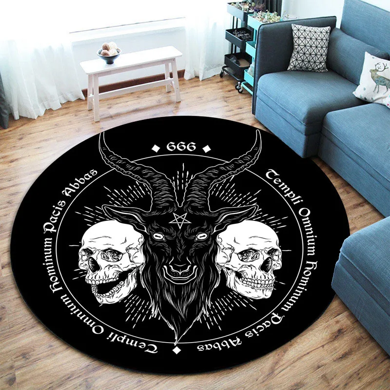 Gothic Baphomet Goat Skull Round Area Rug Washable Satanic Fantasy Floor Mat for Living Room Bedroom Halloween Decor