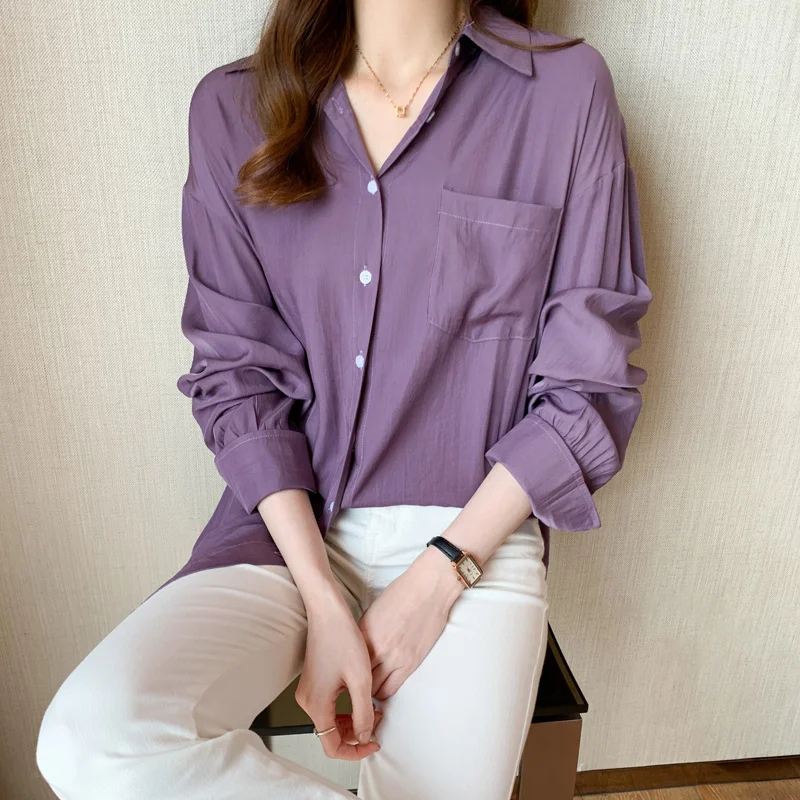 

Korean Spring Large Size Shirts For Women Turn-down Colalr Purple Basic Chiffon Cardigan Shirt Oversize Solid Color Bottom Tops