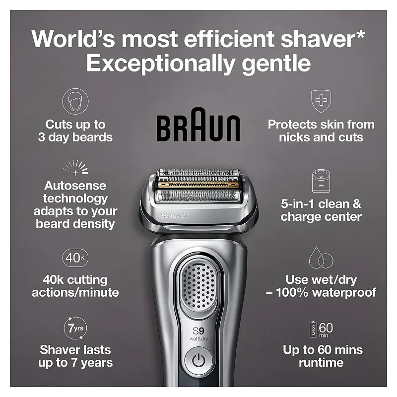 มีดโกนหนวดไฟฟ้า Braun สําหรับผู้ชาย, เครื่องโกนหนวดฟอยล์กันน้ํา, Series 9 9390cc, โกนแบบเปียกและแห้ง, พร้อมที่กันหนวดเคราแบบ Pop-Up สําหรับกรูมมิ่ง