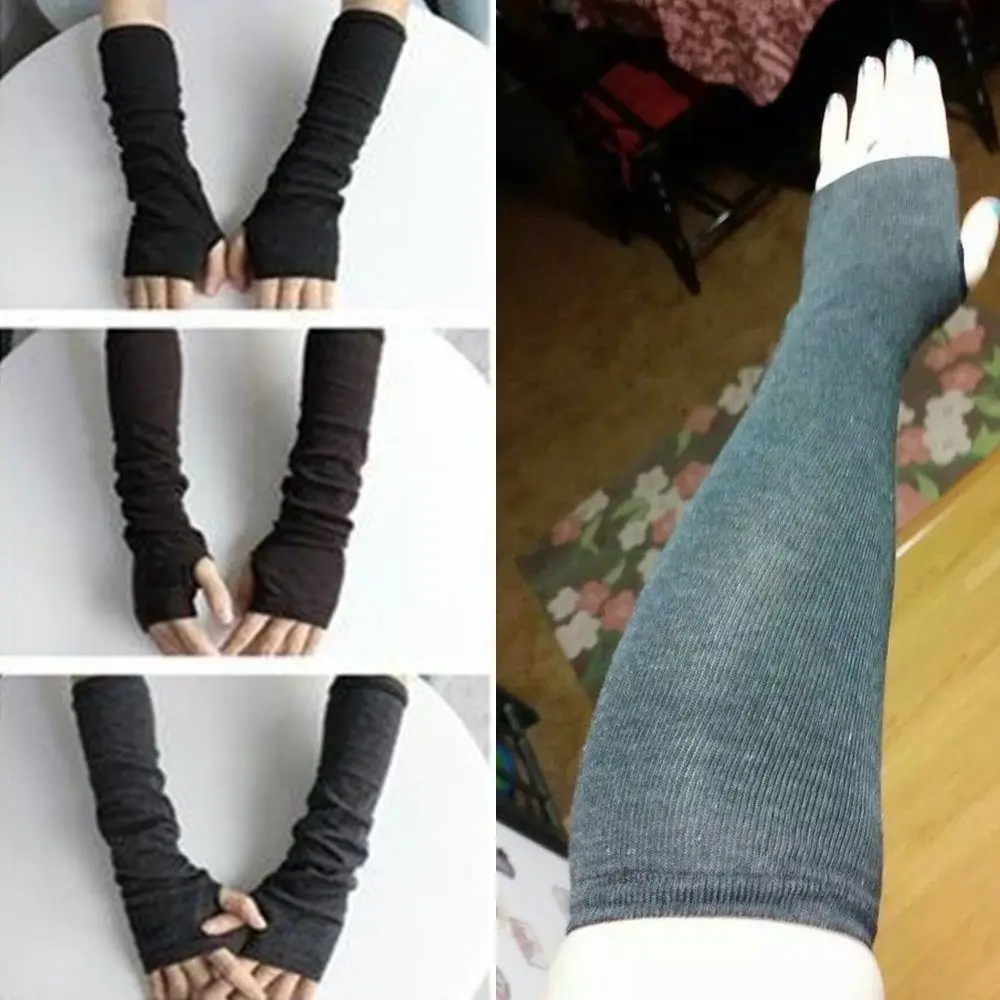 Hand Knit Black Winter Warm Unisex Mittens Warmers Trendy Arm Long Gloves Fingerless