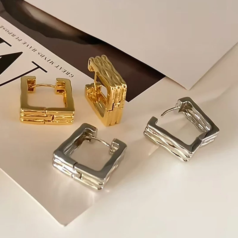 Simple Groove Square Hoop Earring For Woman Texture Minimalist Cheap Drop Earrings Vintage Female Fashion Party Jewelry Gifts