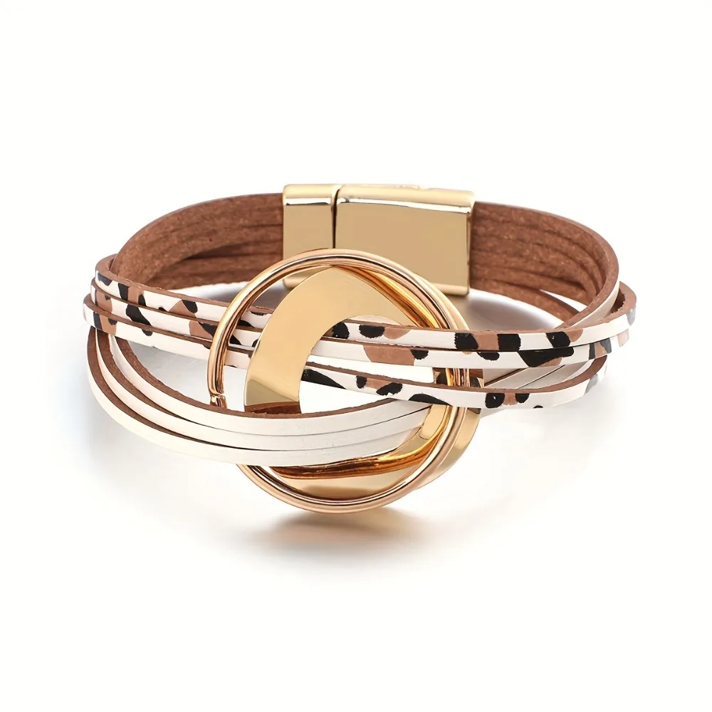 

1pc Bohemian-Style Faux Leather Cuff Bracelet for Women Featuring a Metal Double Loop Design, Multi-Layer Wrist Strap, And