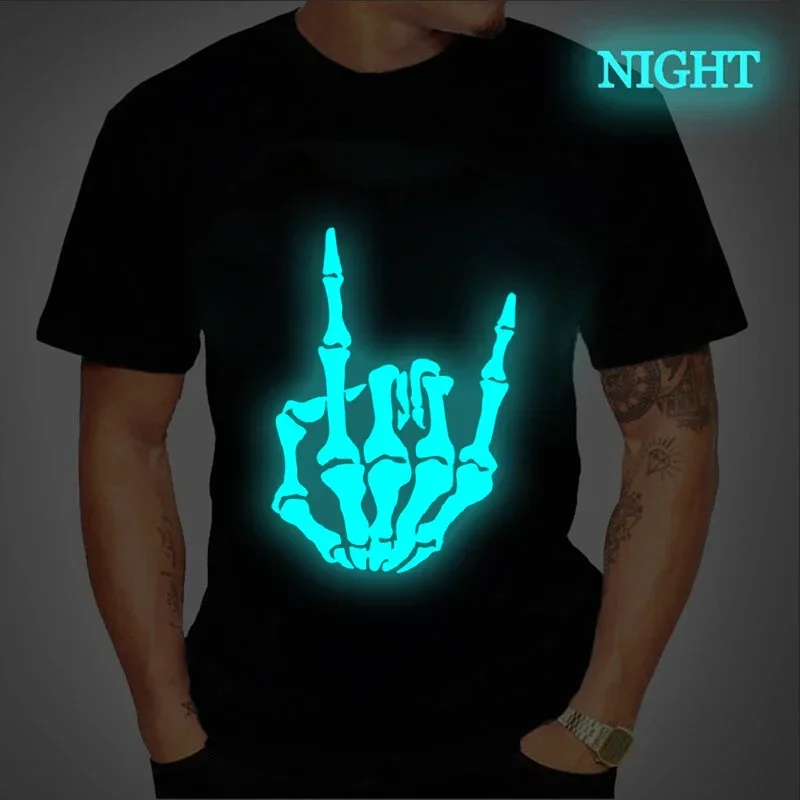 Y2K T Shirt Clothing Hip Hop Streetwear Skull Hand Print Tshirts Luminous Graphic Oversized Tshirt Men Women Short Sleeve Tees