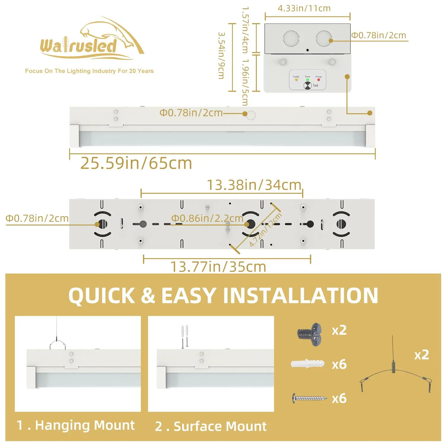 2 Foot LED Wraparound Emergency Stairwell Light, Battery Backup, IP20 20W 2500lm 5000K Flush Mount Wrap Shop Ceiling Fixture FCC