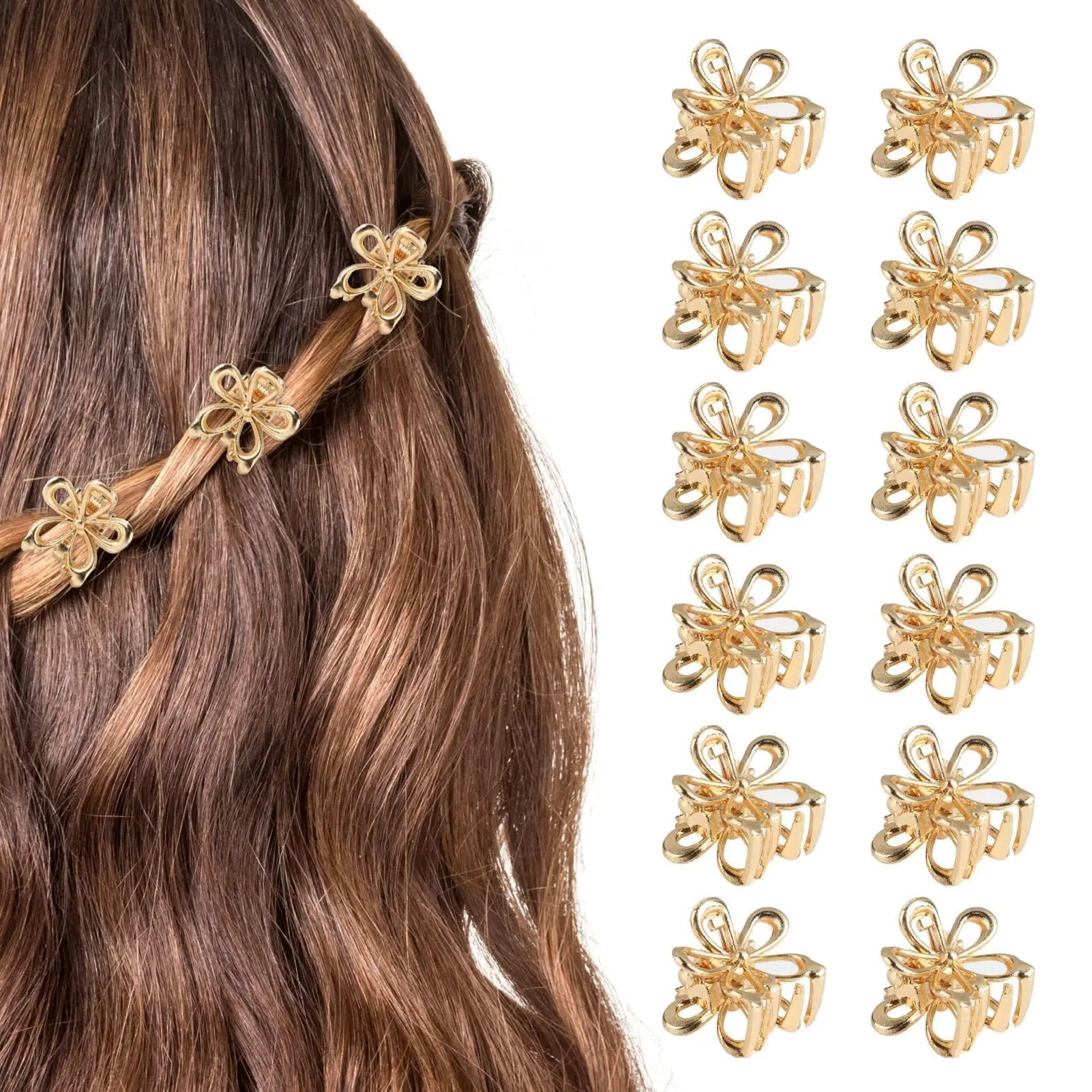 

Dowell 12 PCS Small Flower Hair Clips for Women Gold Cute Nonslip Claws for Girls Sparkling Fine Hair Accessories Gifts