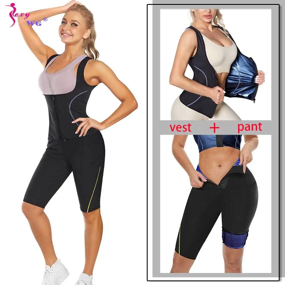 

SEXYWG Women Sauna Set Sweat Suit Weight Loss Vest High Waist Pants Waist Trainer Slimming Top Tummy Control Capris Body Shaper