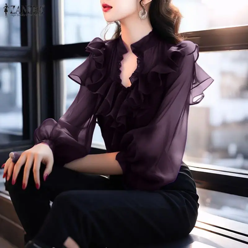 

ZANZEA Women Blusas Sexy V-Neck Chiffon Blouse Long Sleeve Ruffled Solid See-through Casual Fashion Shirts Elegant Office Tops