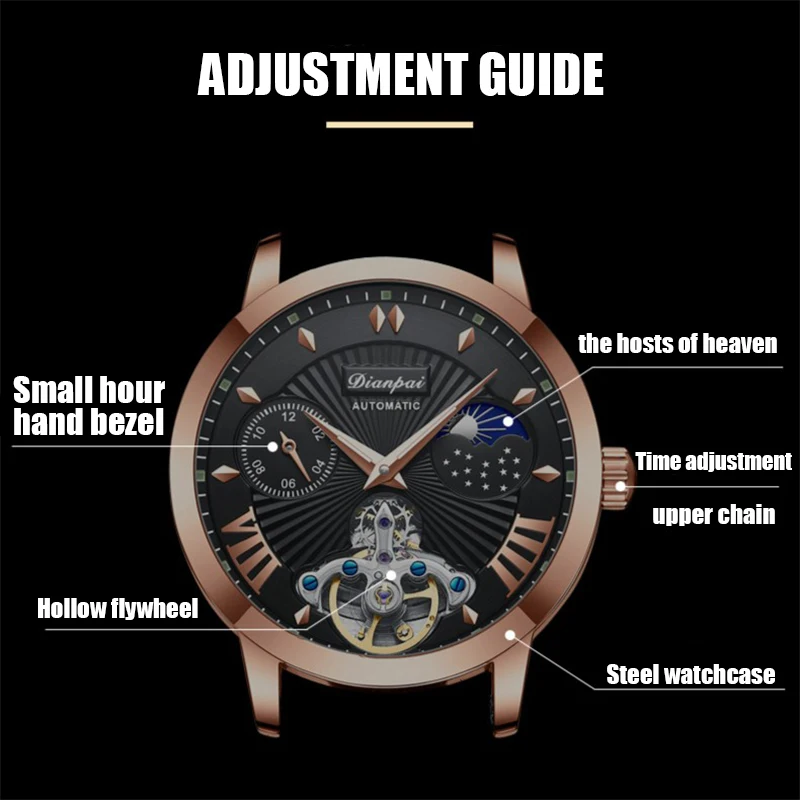 New Year Gift Men Round Dial Hollow Mechanical Watch Sun Moon Star Stainless Steel Case Comfortable Leather Strap Watch